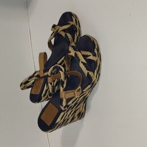 TORY BURCH "Camilla" Navy Blue and Tan Espadrille Wedges Sandals Size 10m